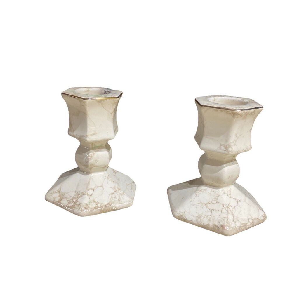 Vintage PartyLite Set of 2 Tan Gold And Beige Marble Look Candlestick Holders